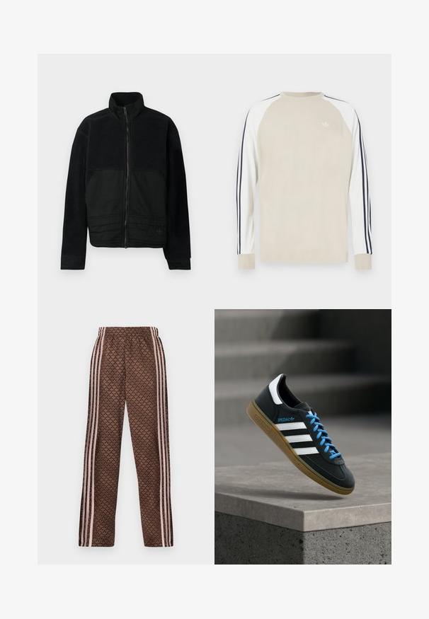 Sort jakke med et struktureret design, der har en fleece-overdel og en glat stofnederdel. Høj krave og lynlåslukning foran.; Beige langærmet skjorte med hvide raglanærmer og marineblå striber langs siderne. Har en lille hvid logo på brystet.; Brune træningsbukser med lyserøde lodrette striber på siderne og et gentaget løvmønster over det hele, elastisk talje, lige ben pasform.; Sort Adidas sneaker med hvide striber, blå snørebånd og gummisål, der svæver over gråt betontrin i blødt lys.