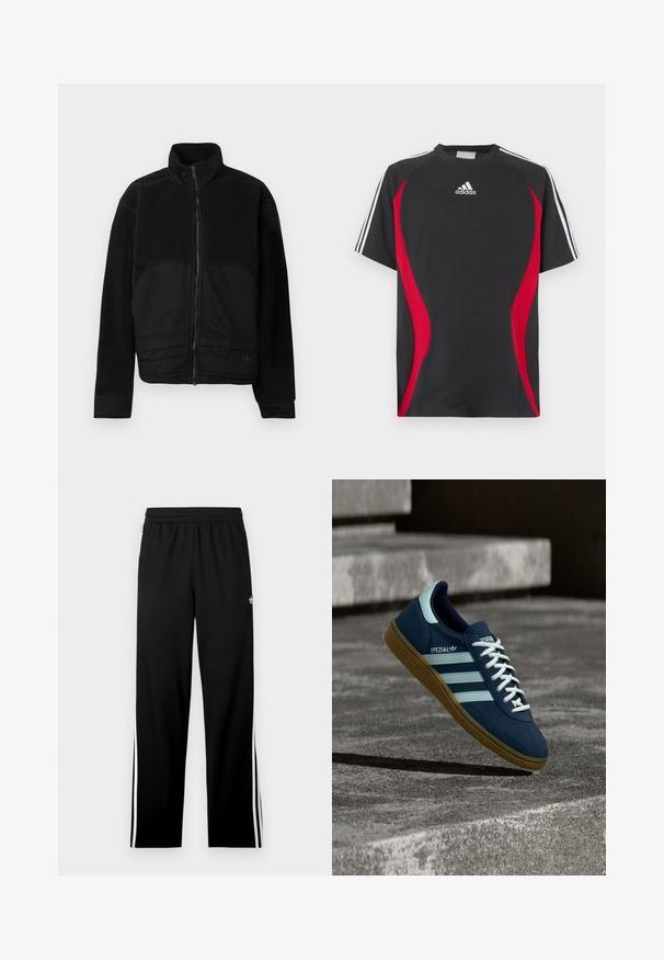 Sort jakke med et struktureret design, der har en fleece-overdel og en glat stofnederdel. Høj krave og lynlåslukning foran.; Sort kortærmet T-shirt med røde sideakcenter, hvid Adidas-logo på brystet og hvide skulderstriber. Fremstillet af et glat stof.; Sorte atletikbukser lavet af mesh-stof med en lige skåret pasform, elastisk taljebånd og hvide striber i siden. Sportsslogo vist.; Blå Adidas Spezial sneaker med hvide striber og snørebånd, gummisål, svævende over en ru betongoverflade og trin i baggrunden.