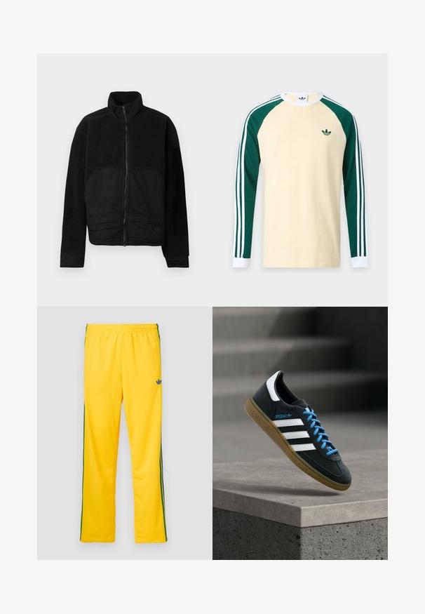Sort jakke med et struktureret design, der har en fleece-overdel og en glat stofnederdel. Høj krave og lynlåslukning foran.; Beige langærmet skjorte med mørkegrønne raglanærmer, hvide manchetter, hvide striber på ærmerne og lille grønt Adidas-logo på brystet.; Gule sportbukser med elastisk talje, der har grønne striber på siden og en lille blå logo på venstre lår. Glat stoftekstur.; Sort Adidas sneaker med hvide striber, blå snørebånd og gummisål, der svæver over gråt betontrin i blødt lys.