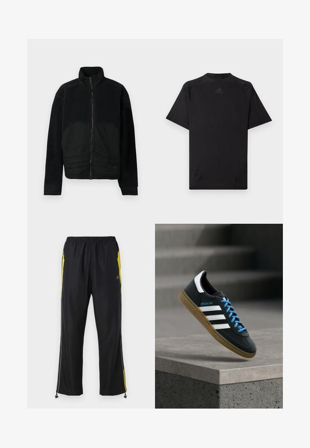 Sort jakke med et struktureret design, der har en fleece-overdel og en glat stofnederdel. Høj krave og lynlåslukning foran.; Sort atletisk T-shirt med korte ærmer, rund halsudskæring og flatlock-sømme. Har et præget logo i den øverste midte. Glat tekstur.; Sorte træningsbukser med gule sideaccenter, elastisk talje og lynlåslommer på siden. Fremstillet af let og glat stof.; Sort Adidas sneaker med hvide striber, blå snørebånd og gummisål, der svæver over gråt betontrin i blødt lys.