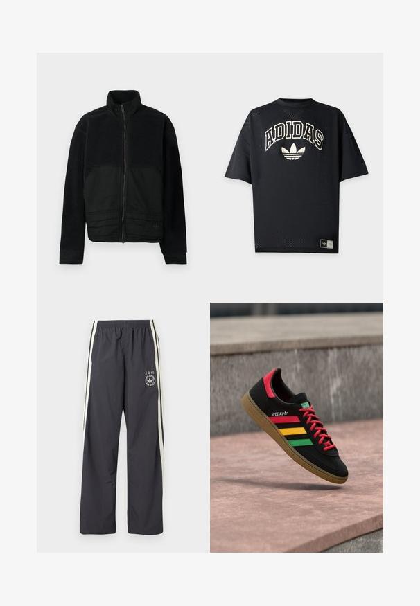 Sort jakke med et struktureret design, der har en fleece-overdel og en glat stofnederdel. Høj krave og lynlåslukning foran.; Sort Adidas sportst-shirt med korte ærmer i perforeret stof, hvid Adidas tekst og trefoil-logo foran samt mærke i nærheden af kanten.; Mørkegrå træningsbukser med hvide sidelister, elastik i taljen og et rundt logo med tre stjerner på venstre lår. Letvægtsstof.; Sort Adidas Spezial-sneaker med røde, gule og grønne striber, røde snørebånd, gummisål og rødt hældetalje, vist svævende over fortovet.