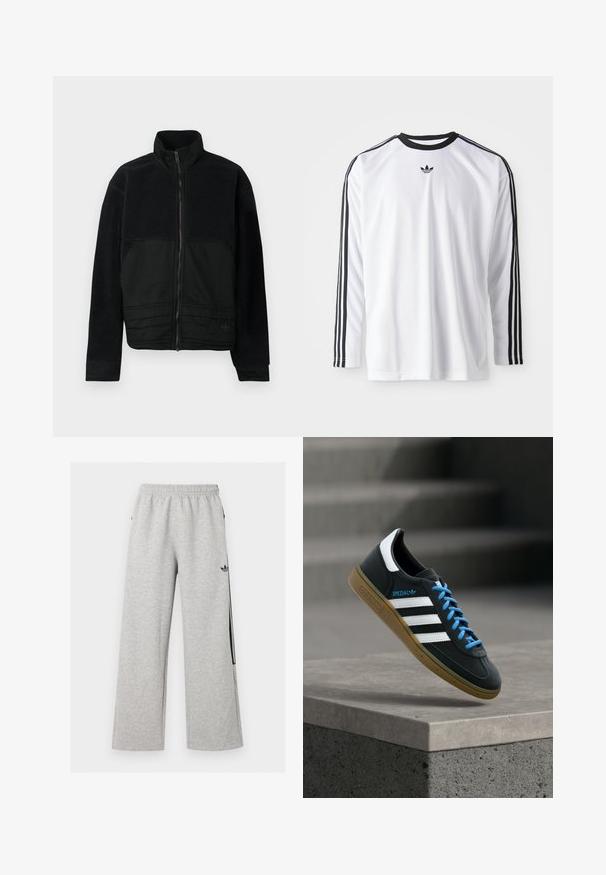 Sort jakke med et struktureret design, der har en fleece-overdel og en glat stofnederdel. Høj krave og lynlåslukning foran.; Hvid langærmet skjorte lavet af blødt stof med sorte detaljer, prydet med tre sorte striber langs ærmerne og et lille sort logo.; Lysegrå vidtløftede joggingbukser med elastisk talje og sort Adidas trefoil-logo på højre lår.; Sort Adidas sneaker med hvide striber, blå snørebånd og gummisål, der svæver over gråt betontrin i blødt lys.