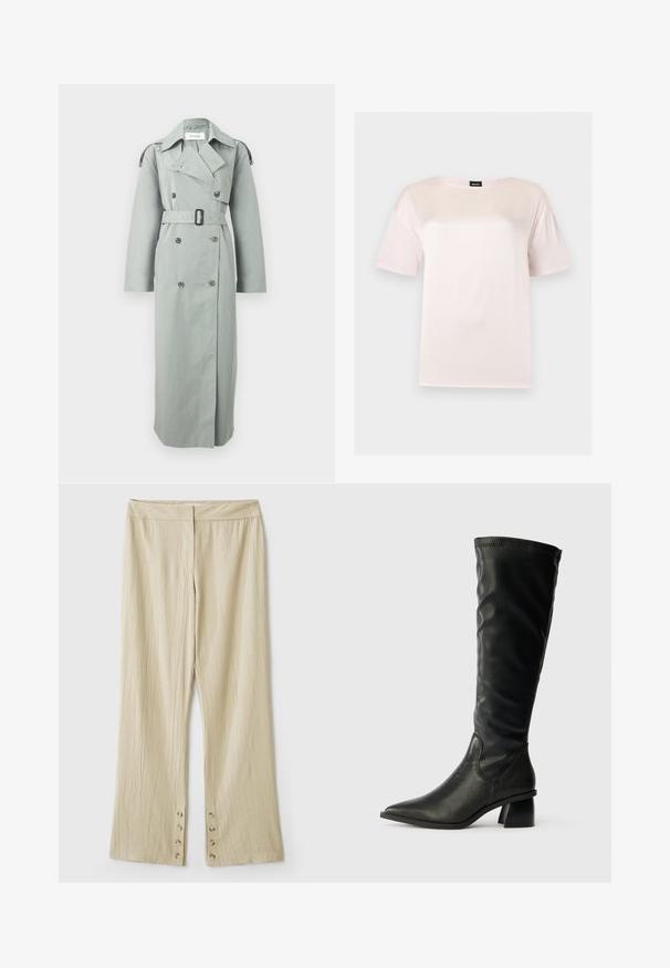 Trench-coat gris clair à double boutonnage avec grand col, ceinture à la taille, manches longues et pattes d'épaule boutonnées.; T-shirt en coton rose clair à manches courtes avec un col rond et une étiquette noire de la marque BOSS à l'intérieur du col.; Pantalon beige à jambes larges en tissu texturé, avec une ceinture lisse et des détails à boutons à l'ourlet.; Botte noire en cuir montant jusqu'au genou avec un bout pointu, une tige texturée et un talon épais. Équipée de côtés en élasthanne pour un enfilage facile.