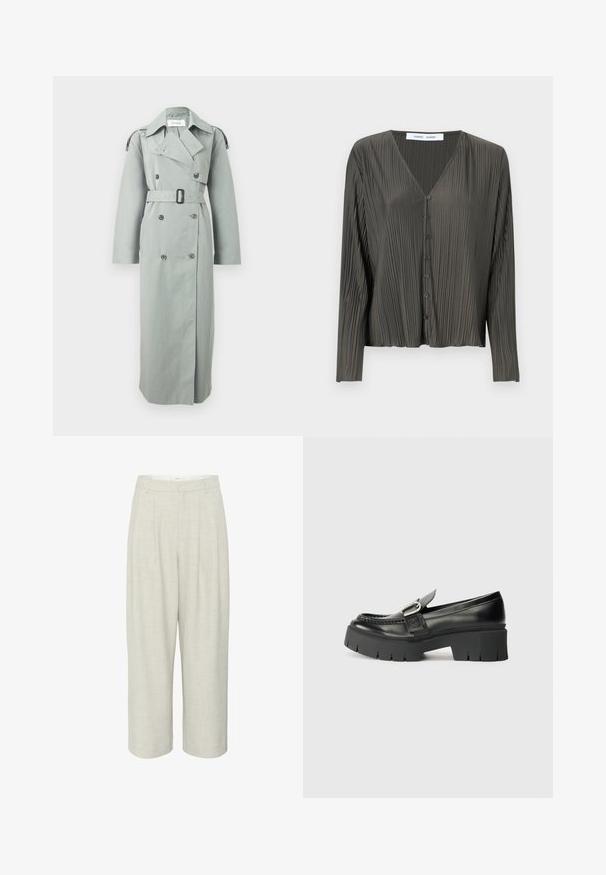 Trench-coat gris clair à double boutonnage avec grand col, ceinture à la taille, manches longues et pattes d'épaule boutonnées.; Chemise boutonnée à manches longues de couleur vert foncé avec un col en V, texture plissée et boutons noirs. Le tissu semble lisse et léger.; Pantalons en lin beige clair avec une coupe large, des plis à l'avant et des passants de ceinture, présentant une texture lisse et une apparence soignée.; Mocassins en cuir noir avec une semelle en caoutchouc épaisse. Présentent un accent de boucle et des détails cousus sur le dessus. Talon plat.