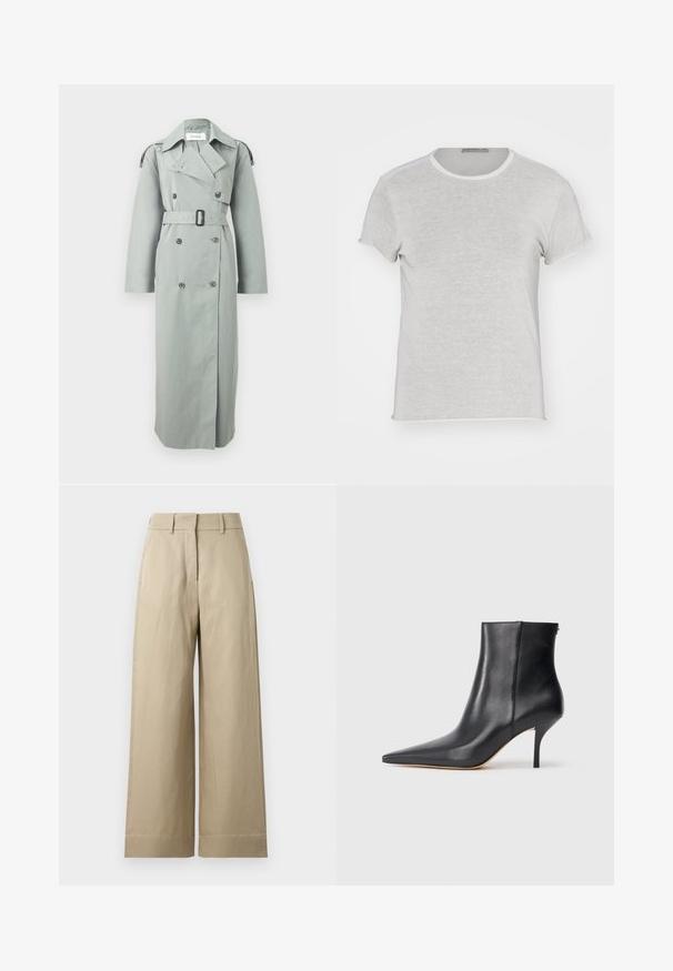 Trench-coat gris clair à double boutonnage avec grand col, ceinture à la taille, manches longues et pattes d'épaule boutonnées.; T-shirt gris clair à manches courtes en tissu doux, avec un col rond à bord contrastant et une coupe décontractée, sans motifs visibles.; Pantalon beige à jambes larges avec passants pour ceinture, poches avant et fermeture éclair avant dissimulée avec un crochet.; Bottine en cuir noir avec un bout pointu, un talon aiguille fin, et une finition lisse et épurée. Détail de fermeture éclair à l'arrière.