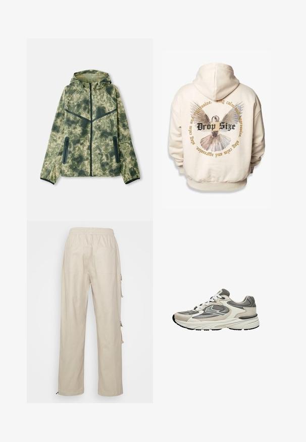 Kamuflagejakke med hætte, fremstillet af vandafvisende stof i nuancer af grønt, kombineret med sorte detaljer og lynlåslommer.; Cremfarvet hoodie med et grafisk motiv af en fugl med udbredte vinger og cirkulær tekst, der står "Drop Size" i sort og guld accenter.; Beige bukser med lige ben, elastisk linning og to baglommer, vist bagfra på hvid baggrund.; Lysegrå og hvide atletiske sko med mesh- og ruskindspaneler, hvide snørebånd og en tyk polstret sål, vist fra siden.
