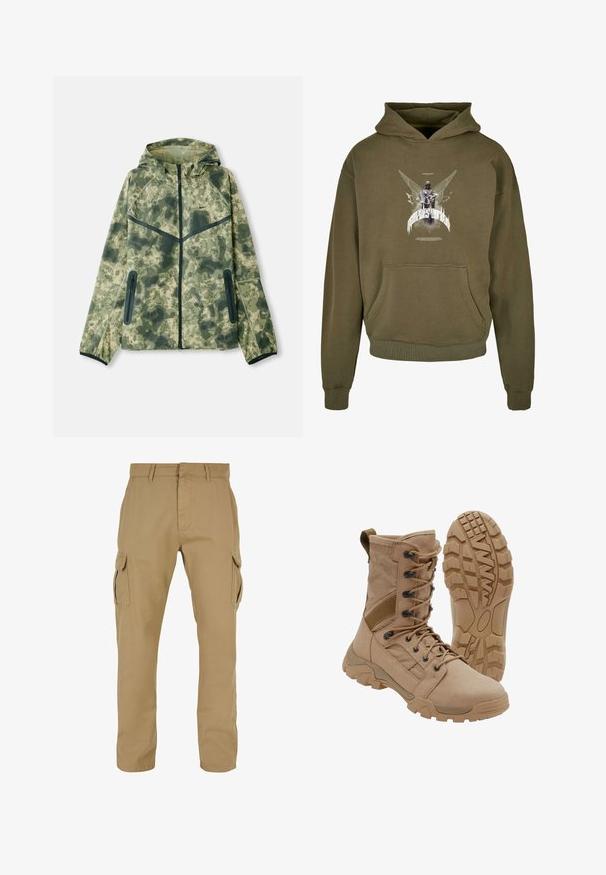 Camouflagejack met een capuchon, gemaakt van een waterafstotende stof in verschillende tinten groen, gecombineerd met zwarte accenten en ritszakken.; Olijfgroene hoodie van katoen, voorzien van een voorzak in kangoeroestijl en een grafische print met vleugels en een figuur op de borst.; Beige cargobroek met twee zijzakken, rechte pijpdesign, gemaakt van duurzaam materiaal, met stikseldetails en riemlussen.; Tan tactische laars met veterontwerp tot aan de enkel en stevige rubberen zool, één laars rechtopstaand en één die het profielpatroon toont.