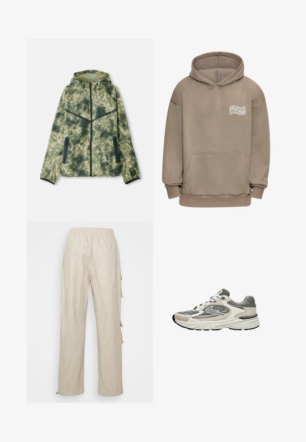 Camouflagejack met een capuchon, gemaakt van een waterafstotende stof in verschillende tinten groen, gecombineerd met zwarte accenten en ritszakken.; Dropsize HEAVY - Hoodie - taupe; Beige recht gesneden broek met elastische tailleband en twee achterzakken, gezien van achteren tegen een witte achtergrond.; Lichtgrijze en witte sportieve sneaker met mesh- en suèdepanelen, witte veters en een dikke gevoerde zool, zijaanzicht.
