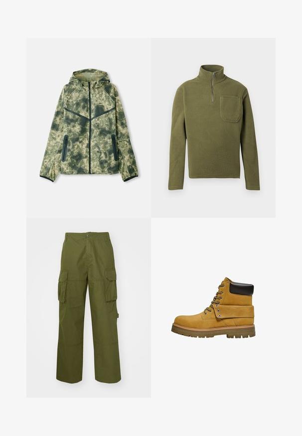 Camouflagejack met een capuchon, gemaakt van een waterafstotende stof in verschillende tinten groen, gecombineerd met zwarte accenten en ritszakken.; Olijfgroen fleece pullover met een halve rits kraag, lange mouwen en een borstzak. Zachte textuur met een duurzaam ontwerp.; Olijfgroene cargo broek van duurzaam materiaal, met twee zijzakken, een relaxte pasvorm en een knoopsluiting bij de taille.; Lichtbruine werklaars met zwart gewatteerde kraag, vetersluiting aan de voorkant, omslaande flap met metalen oogjes en dikke rubberen profielzool.