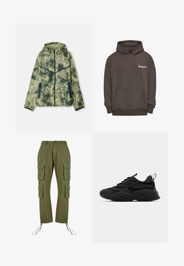 Tarnjacke mit Kapuze, aus wasserabweisendem Stoff in Grüntönen, kombiniert mit schwarzen Akzenten und Reißverschlusstaschen.; Brauner Hoodie mit Kängurutasche, versehen mit einem weißen, gestickten "Dropsize"-Logo auf der linken Brust. Aus weichem, strukturiertem Stoff gefertigt.; Olivgrüne Cargo-Hosen aus Baumwolle, mit vier großen Taschen, einem Zugband am Saum und einem Knopfverschluss an der Taille.; Schwarze Sportschuhe mit einer dicken Sohle, Mesh-Einsätzen und Gummidetails. Verfügen über eine Zuglasche an der Ferse und strukturierte Muster.