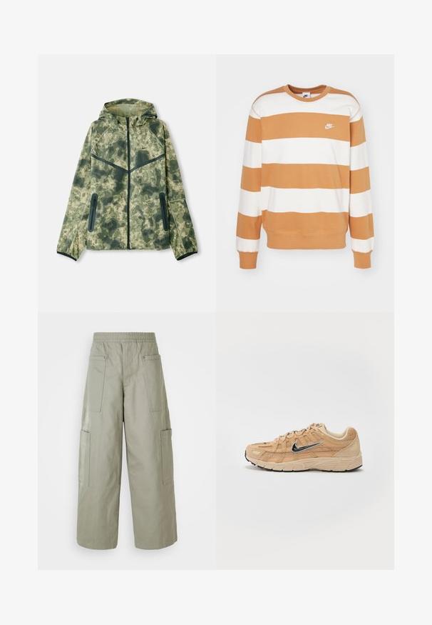 Chaqueta de camuflaje con capucha, fabricada con un tejido repelente al agua en tonos de verde, combinada con detalles en negro y bolsillos con cremallera.; Nike Sportswear CLUB CREW - Sudadera - sail/white; Pantalones cargo holgados de color verde oliva con una cinturilla elástica, múltiples bolsillos y una textura suave. Ancho colapsable en el dobladillo.; Zapatilla deportiva beige con materiales de malla y ante, silueta curva, suela negra, prominente logo plateado de Nike en el lateral y acentos texturizados.