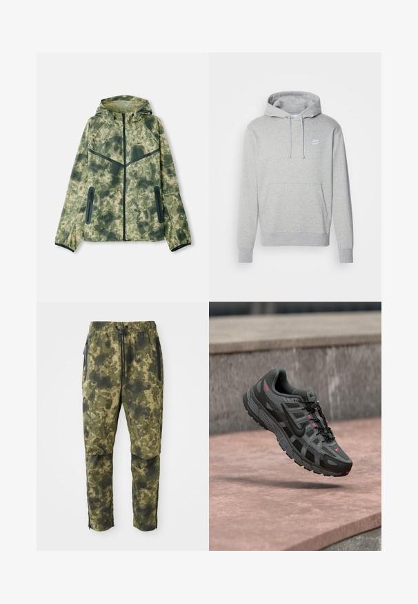 Tarnjacke mit Kapuze, aus wasserabweisendem Stoff in Grüntönen, kombiniert mit schwarzen Akzenten und Reißverschlusstaschen.; Grauer Fleece-Hoodie mit einer vorderen Kängurutasche, Kapuze mit Kordelzug und weißem Logo auf der Brust. Ausgestattet mit gerippten Bündchen und Saum.; Tarnhosen in verschiedenen Grüntönen mit einem digitalen Muster. Sie verfügen über einen elastischen Bund, einen Kordelzug und seitliche, mit Reißverschluss ausgestattete Taschen.; Grauer und schwarzer Nike-Sneaker mit pinkfarbenen Akzenten schwebt mittig über einer Steinoberfläche und zeigt seitliche sowie obere Details.