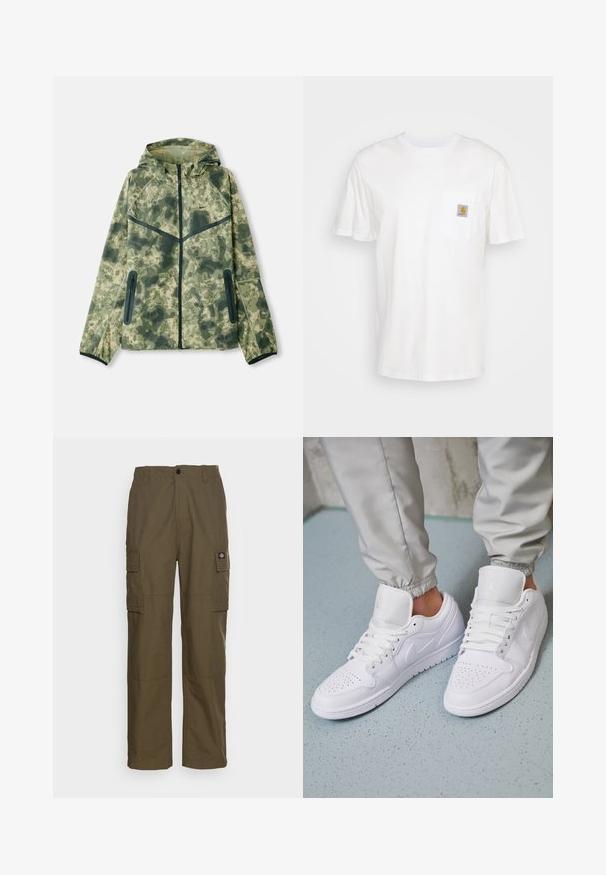 Camouflagejack met een capuchon, gemaakt van een waterafstotende stof in verschillende tinten groen, gecombineerd met zwarte accenten en ritszakken.; Witte katoenen t-shirt met korte mouwen, een borstzak en een klein vierkant logo-opdruk in oranje en wit op de zak.; Olijfgroene cargobroek, gemaakt van duurzaam stof. Beschikt over twee zijzakken, een standaard taille en een rechte pijp.; Witte leren sneakers met een geperforeerde neus, platte veters, een gepolsterde kraag en het Jordan-logo op de tong. Gediend met grijze joggers.