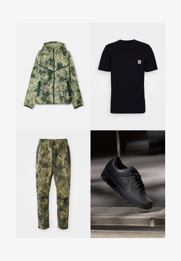 Chaqueta de camuflaje con capucha, fabricada con un tejido repelente al agua en tonos de verde, combinada con detalles en negro y bolsillos con cremallera.; Camiseta de algodón negra con mangas cortas, cuello redondo y un bolsillo en el pecho que presenta un pequeño parche de logo cuadrado. Diseño simple y sólido.; Pantalones de camuflaje en diferentes tonalidades de verde con un patrón digital. Cuentan con una cintura elástica, cordón y bolsillos laterales con cremallera.; Zapatillas Nike Air Max negras con parte superior de cuero texturizado, suela de goma y un sistema de cordones prominente, que muestran un diseño elegante y moderno.