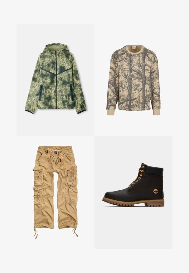 Chaqueta de camuflaje con capucha, fabricada con un tejido repelente al agua en tonos de verde, combinada con detalles en negro y bolsillos con cremallera.; Sudadera beige de manga larga con una tela texturizada que presenta un patrón de ramas de árbol marrones. Cuello y puños acanalados completan el diseño.; Pantalones cargo color caqui con múltiples bolsillos laterales, cierre de botón, cintura elástica y puños ajustables. Fabricados con tejido duradero.; Bota de cuero negro de tobillo con ojales dorados, acentos marrones y suela de goma. Presenta un cuello acolchado y un logotipo en relieve en el costado.