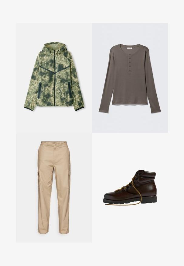 Chaqueta de camuflaje con capucha, fabricada con un tejido repelente al agua en tonos de verde, combinada con detalles en negro y bolsillos con cremallera.; Camiseta henley gris de manga larga con cinco botones y cuello redondo, presentada sobre un fondo blanco liso.; Pantalones cargo beige con un acabado texturizado, que presentan bolsillos laterales, cierre de botón y un diseño de pierna recta.; Botas de senderismo de cuero marrón con punta redondeada, superficie texturizada, cordones amarillos y ojales de metal. Cuentan con una suela de goma negra resistente.