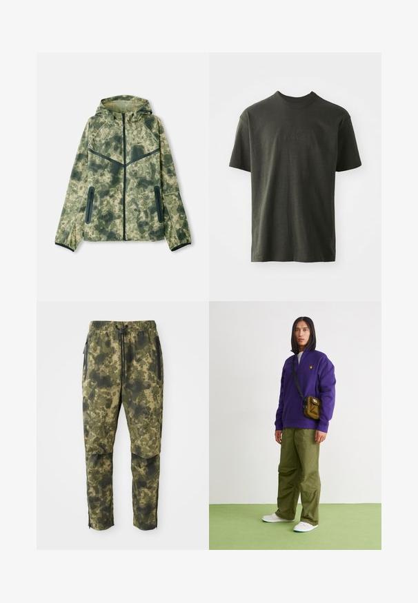 Camouflagejack met een capuchon, gemaakt van een waterafstotende stof in verschillende tinten groen, gecombineerd met zwarte accenten en ritszakken.; Donkergroene t-shirt van zachte stof, met een ronde hals en korte mouwen. Geborduurd "nike" logo in een iets donkerder groen.; Camo broek in verschillende tinten groen met een digitaal patroon. Voorzien van een elastische tailleband, trekkoord en zijzakken met rits.; Jordan AIR JORDAN 1 ZM CMFT 2 - Sneakers hoog - summit white/bicoastal/oxidized green