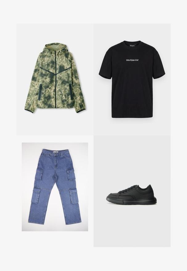 Tarnjacke mit Kapuze, aus wasserabweisendem Stoff in Grüntönen, kombiniert mit schwarzen Akzenten und Reißverschlusstaschen.; Schwarzes kurzärmeliges T-Shirt mit weißem gotischem Schriftzug „DROPSIZE“ mittig auf der Brust und einem schwarzen Etikett mit demselben Schriftzug im Kragen.; Blaue Denim-Cargo-Hosen mit mehreren Seitentaschen, einem geraden Beindesign und einem klassischen Bund. Der Stoff hat eine leicht strukturierte Textur und ist leicht ausgebleicht.; Schwarzer Sneaker aus synthetischem Material mit glatter Textur, runder Zehenpartie, flachen Schnürsenkeln, weißer Sohle und dezenten Nahtdetails.
