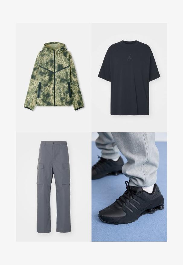 Camouflagejack met een capuchon, gemaakt van een waterafstotende stof in verschillende tinten groen, gecombineerd met zwarte accenten en ritszakken.; Zwarte katoen T-shirt met een losse pasvorm, ronde hals, korte mouwen, met een subtiele logo en de tekst "AIR" boven het logo in het midden.; Grijze cargobroek van duurzaam materiaal. Kenmerken zijn een elastische tailleband, twee grote zijzakken en een rechte pijp.; Persoon in zwarte Nike Shox sneakers en een grijze joggingbroek staand op een lichtblauw tapijt.