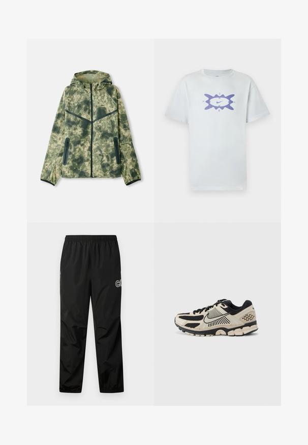 Kamuflagejakke med hætte, fremstillet af vandafvisende stof i nuancer af grønt, kombineret med sorte detaljer og lynlåslommer.; Hvid bomuldst-shirt med en løs pasform, med et lilla grafisk motiv i midten, omgivet af en bølget kontur. Korte ærmer.; Sorte regnbukser lavet af letvægts, vandtæt materiale. Har en elastisk talje og logo-detalje på siden. Glat tekstur.; Nike løbesko i creme og sort. Har mesh-overdel, teksturerede detaljer, tyk gummiydersål og bemærkelsesværdigt mellemsål design.