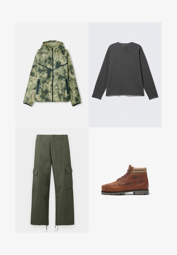 Chaqueta de camuflaje con capucha, fabricada con un tejido repelente al agua en tonos de verde, combinada con detalles en negro y bolsillos con cremallera.; Camiseta henley de manga larga en gris oscuro con escote redondo y tres botones en la tapeta frontal.; Pantalones cargo verde oliva con bolsillos laterales con solapa, cierre de botones, trabillas para cinturón y cordones ajustables en los bajos de pierna anchos.; Botín de cuero marrón con un collar acolchado en contraste en tono canela, ojales metálicos y una suela de goma texturizada con profundas bandas de rodadura.