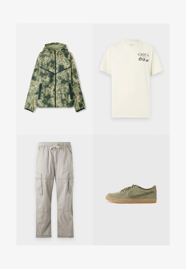Chaqueta de camuflaje con capucha, fabricada con un tejido repelente al agua en tonos de verde, combinada con detalles en negro y bolsillos con cremallera.; Camiseta Nike color crema con mangas cortas, con texto "Nature in Motion" y tres gráficos de globos terráqueos en el lado izquierdo del pecho.; Pantalones cargo gris claro con cintura elástica, cordón, bolsillos laterales y bolsillos con solapa en los muslos, colocados planos sobre fondo blanco.; Zapatillas de ante verdes con suela de goma, punta redonda y diseño de cordones. Presenta el logo característico de Nike en un verde más oscuro.
