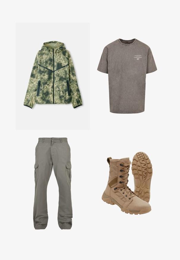 Camouflagejack met een capuchon, gemaakt van een waterafstotende stof in verschillende tinten groen, gecombineerd met zwarte accenten en ritszakken.; Grijze oversized katoenen T-shirt met een ronde hals, korte mouwen, verouderde textuur en witte bedrukte tekst op de voorkant.; Lichtgrijze cargobroek van katoen, met twee zijzakken, twee cargozakken, een rechte pijp en een ritssluiting.; Tan tactische laars met veterontwerp tot aan de enkel en stevige rubberen zool, één laars rechtopstaand en één die het profielpatroon toont.