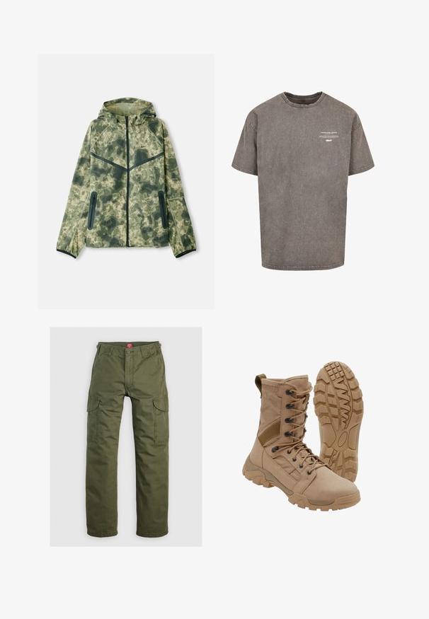 Camouflagejack met een capuchon, gemaakt van een waterafstotende stof in verschillende tinten groen, gecombineerd met zwarte accenten en ritszakken.; Grijze oversized katoenen T-shirt met een ronde hals, korte mouwen, verouderde textuur en witte bedrukte tekst op de voorkant.; Olijfgroene cargobroek gemaakt van duurzame stof, met zijzakken, een knoopsluiting en een rechte pijpdesign.; Tan tactische laars met veterontwerp tot aan de enkel en stevige rubberen zool, één laars rechtopstaand en één die het profielpatroon toont.