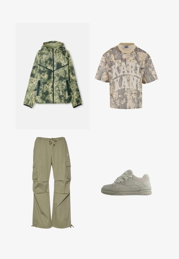 Camouflagejack met een capuchon, gemaakt van een waterafstotende stof in verschillende tinten groen, gecombineerd met zwarte accenten en ritszakken.; Beige cropped mesh T-shirt met camouflagepatroon. Voorzien van "KARL KANI" in dikke witte letters. Korte mouwen en een ronde hals.; Cargo broeken in olijfgroen, gemaakt van lichtgewicht stof, met een elastische tailleband, verstelbare manchetten en meerdere zijzakken.; Laag model grijze sneaker met dikke, gestructureerde veters, gevoerde kraag, gestikte panelen en een geribbeld rubberen zool voor grip.