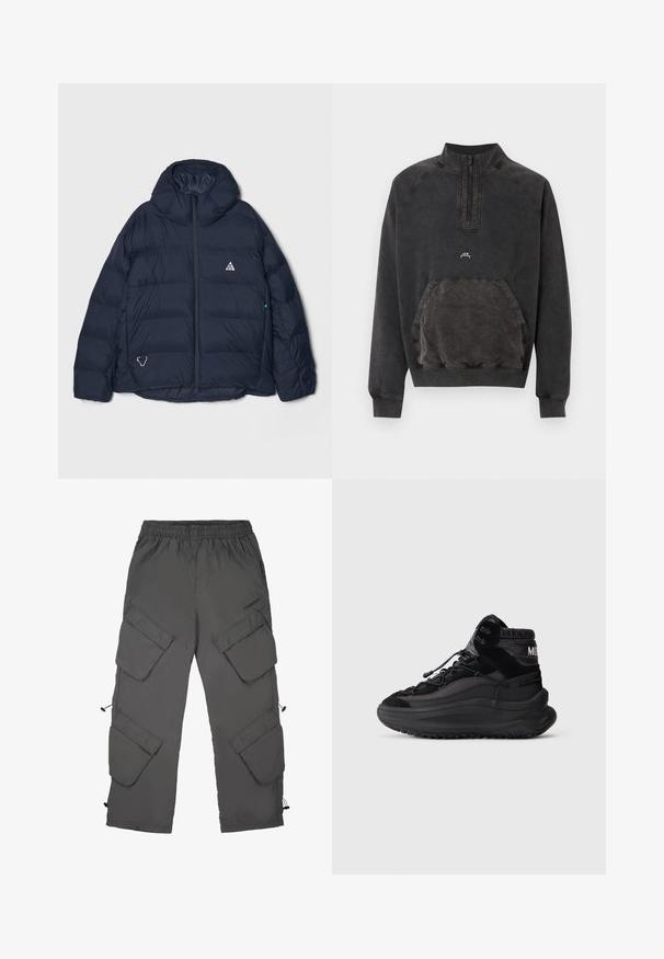 Marineblaue Steppjacke mit hohem Kragen, Reißverschluss und einem dreieckigen Logo. Verfügt über gesteppte Abschnitte und ein strukturiertes, isoliertes Design.; Schwarzes Sweatshirt mit halbem Reißverschluss, Kängurutasche, gerippten Bündchen und Saum sowie kleinem "A C W" Logo auf der Brust.; Cargo-Hosen aus dunkelgrauem Stoff mit elastischem Bund, mehreren Cargotaschen, Zugbändern an den Säumen und einer glatten Textur.; Schwarzer High-Top-Sneaker mit dicker Sohle, Schnürverschluss, gepolstertem Knöchelkragen und strukturierten Seitenpaneelen auf einem schlichten hellen Hintergrund.