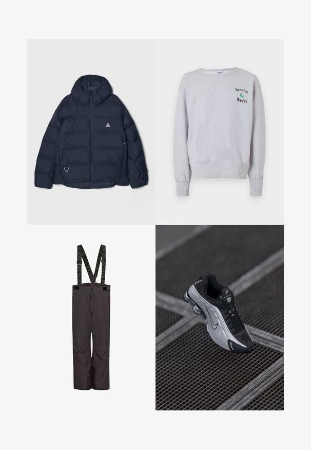 Marineblå puffjakke med høj krave, lynlåslukning og et trekantet logo. Indeholder quiltede sektioner og et tekstureret, isoleret design.; Lysegrå sweatshirt med ribstrikkede manchetter og kant, med lille sort tekst "Service Works" og et grønt og pink blomsterdesign på brystet.; Vandafvisende, mørkegrå skibukser med justerbare seler, to sidelommer og forstærket bundkant. Holdbart stof og enkelt design.; Nike atletiksko med et sort og sølv design. Lavet af syntetisk materiale med mesh-detaljer og en støttende sål med synlig luftstødabsorbering.