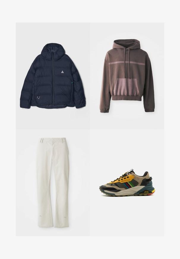 Marineblauwe gewatteerde jas met een hoge kraag, ritssluiting en een driehoekig logo. Voorzien van doorgestikte delen en een textuur met isolerend ontwerp.; Korte mouwen, oversized hoodie in donkerbruin met een gradient lichtbruin streep, voorzak en een trekkoord kap. Zachte katoenen stofmix.; Lichtgrijze, rechte broek van soepel materiaal. Voorzien van zijzakken, ceintuurlussen en een subtiel logo nabij de zoom.; Multikleurige sneakers met een mix van suède en mesh materialen, in een geel en zwart kleurenschema, met textuurzolen en zijaccenten.