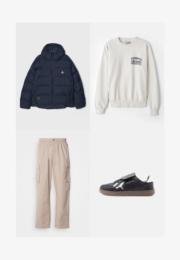 Marineblå puffjakke med høj krave, lynlåslukning og et trekantet logo. Indeholder quiltede sektioner og et tekstureret, isoleret design.; Cremefarvet sweatshirt lavet af blødt stof, med en rund halsudskæring og ribbede manchetter. Den har et trykt "Aries" logo i grå.; Beige cargo bukser med en afslappet pasform, elastisk talje, knaplukning og sidelommer. Fremstillet af letvægtsmateriale med en glat tekstur.; Sort lædersneaker med hvide detaljer, strukturerede sømme og en polstret tunge. Har en gummisål og snørebånd.