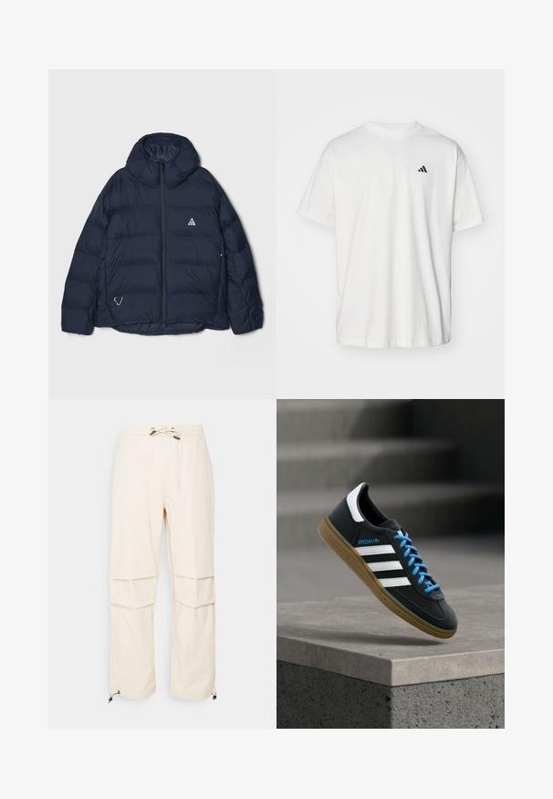 Marineblå puffjakke med høj krave, lynlåslukning og et trekantet logo. Indeholder quiltede sektioner og et tekstureret, isoleret design.; Hvid bomulds t-shirt med korte ærmer, rund hals og et lille sort Adidas-logo på venstre bryst. Blød tekstur, afslappet pasform.; Beige cargo bukser med elastisk talje, snøre lukning og flere lagdelte lommer foran. Indsnørede ben ved anklerne.; Sort Adidas sneaker med hvide striber, blå snørebånd og gummisål, der svæver over gråt betontrin i blødt lys.