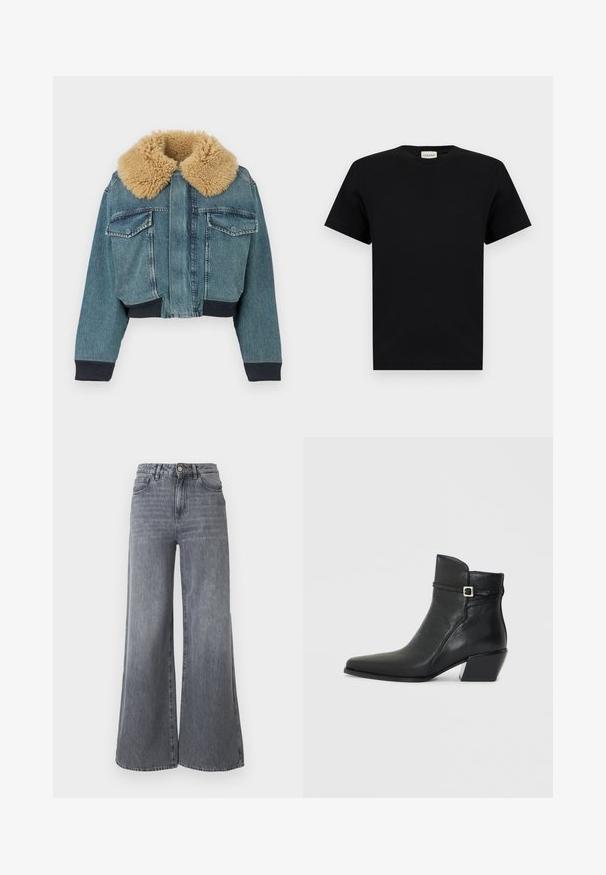 Veste en denim avec grand col en fausse fourrure beige, poches à rabat sur le devant, poignets côtelés et taille côtelée sur fond blanc.; T-shirt noir à manches courtes et col rond avec une petite étiquette blanche au niveau du col affichant le nom de la marque "CLOSED."; Jean à jambes larges en denim gris délavé. Comprend cinq poches, une fermeture avant par bouton, et une taille haute avec une finition texturée subtile.; Bottines en cuir noir avec un bout pointu, un petit talon carré et une sangle décorative avec une boucle en argent. Texture lisse.