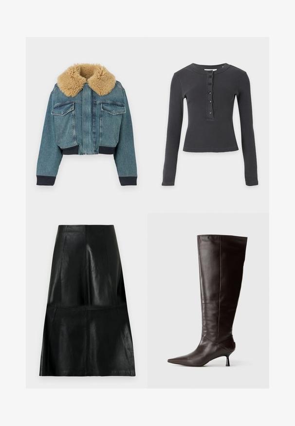 Veste en denim avec grand col en fausse fourrure beige, poches à rabat sur le devant, poignets côtelés et taille côtelée sur fond blanc.; Chemise à manches longues, gris foncé côtelée, avec un col rond et cinq boutons noirs sur la patte de boutonnage avant.; Jupe en cuir noire longueur genou avec des coutures de panneaux verticales et horizontales, légèrement évasée au bas.; Botte en cuir marron, hauteur genou, avec un bout pointu et un talon fin. Texture lisse et design élégant, arborant une silhouette minimaliste.