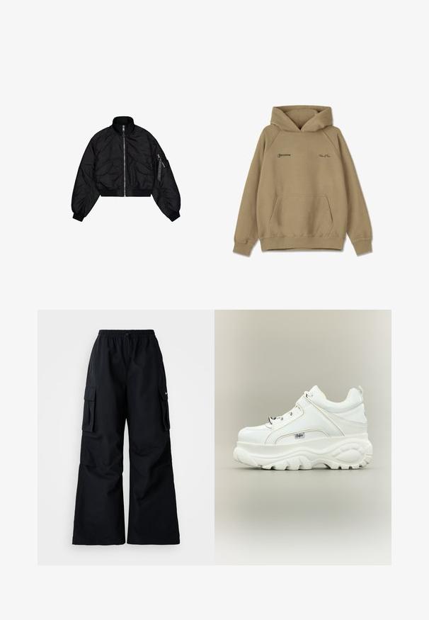 Veste bomber noire courte avec col montant, fermeture éclair, poignets élastiques et deux poches avant. Texture lisse et brillante avec un léger éclat.; Sweat-shirt à capuche beige en matière polaire, avec une poche frontale, des poignets côtelés et des logos brodés sur la poitrine.; Pantalons cargos noirs avec des jambes larges, taille élastique, cordon de serrage ajustable et deux poches latérales. Fabriqués en tissu léger et lisse.; Baskets à plateforme blanches avec semelle épaisse et imposante, lacets sur le devant et logo de la marque Buffalo sur le côté, vues de l’extérieur.