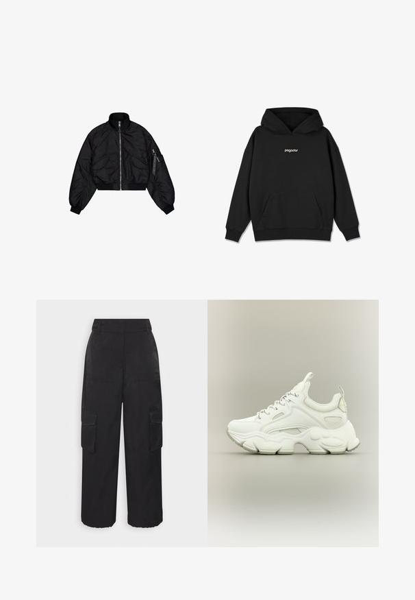 Veste bomber noire courte avec col montant, fermeture éclair, poignets élastiques et deux poches avant. Texture lisse et brillante avec un léger éclat.; Haut à capuche noir avec une poche frontale, des poignets et un ourlet côtelés. Présente un logo "pegador" blanc sur la poitrine. Fabriqué en tissu doux.; SOMETHINGNEW SNNAOMI PANT - Pantalon cargo - black; Baskets blanches épaisses avec semelle épaisse texturée, dessus en mesh et cuir, fermeture à lacets et languettes sur la languette et le talon.