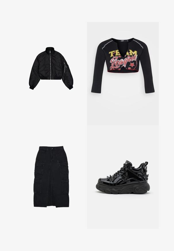 Μαύρο κοντό bomber jacket με ψηλό γιακά, κλείσιμο με φερμουάρ, ελαστικές μανσέτες και δύο μπροστινές τσέπες. Λείο, λαμπερό υφή με ελαφριά γυαλάδα.; Jaded London CROPPED RAGLAN WITH CONTRAST STITCH & PLACEMENT SCREEN PRINT - Μπλούζα με μακριά μανίκια - mehrfarbig; Μαύρη γυναικεία μίντι φούστα από τζιν, με σκίσιμο στο εμπρόσθιο μέρος και πολλαπλές μεγάλες τσέπες cargo σε κάθε πλευρά, με θηλιές για ζώνη και κούμπωμα με κουμπί.; Μαύρα παπούτσια αθλητικά από patent δέρμα με χοντρή σόλα, διακοσμημένα με ανάγλυφες λεπτομέρειες πεταλούδας, υφασμάτινες πάνελ με υφή και μαύρα κορδόνια.