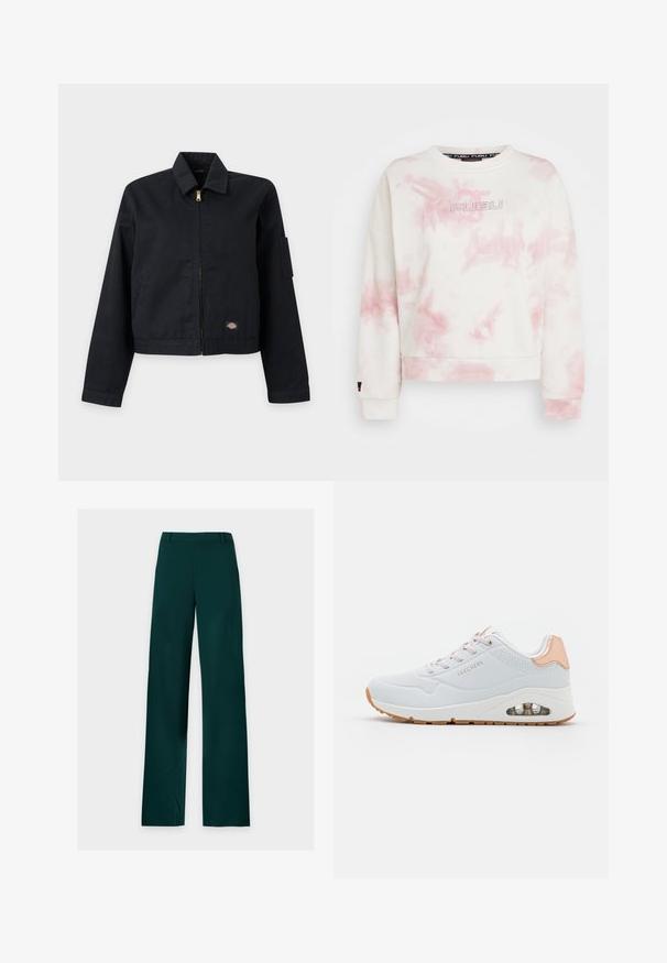 Musta vetoketjullinen takki, jossa kaulus, pitkät hihat, pieni logopläjääri helmassa ja hyötytasku vasemmassa ylähiha.; FUBU CORPORATE TRIBAL TIEDYE CREW ROSE - Collegepaita - pink; Tummanvihreät suorat housut, joissa on vyölenkit, etuvetoketju ja leveät lahkeet, aseteltu litteästi valkoiselle taustalle.; Valkoinen lenkkari, jossa on rei'itetty muotoilu, vaaleanpunaiset korostukset ja pehmustettu pohja. Varustettu näkyvällä ilman yksiköllä ja tekstuurilla varustetulla kumipohjalla.