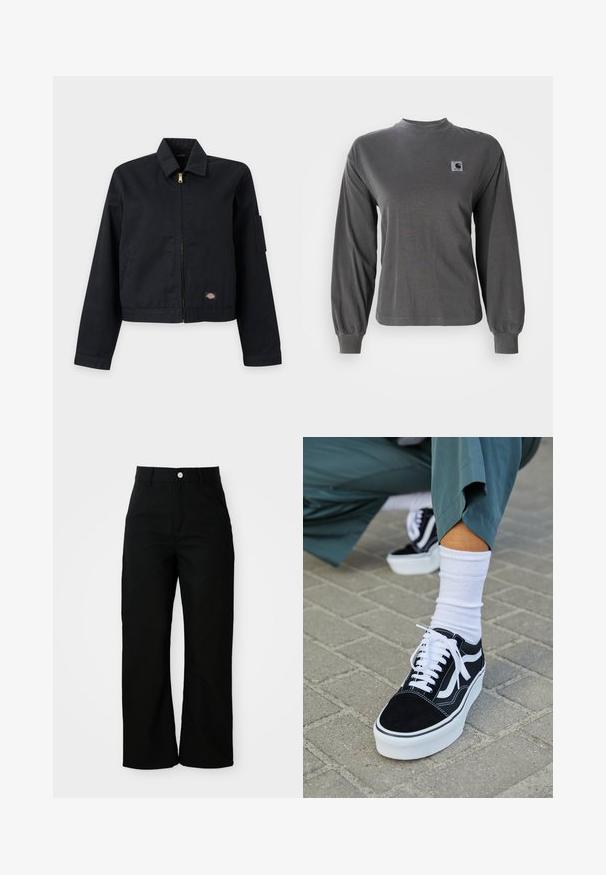 Sort lynlåstrøje med krave, lange ærmer, lille logopatch nær kanten og en nyre lomme på venstre overærme.; Langærmet grå t-shirt lavet af bomuld, med rund halsudskæring og elastiske manchetter, samt et lille firkantet logo på brystet.; Sorte højtaljede bukser med lige ben, forlommer, bæltestropper og sølvfarvet knaplukning på hvid baggrund.; Sorte ruskinds sneakers med hvide accenter og snørebånd, der har en tyk hvid sål og kontrasterende syninger, parret med en hvid sok.