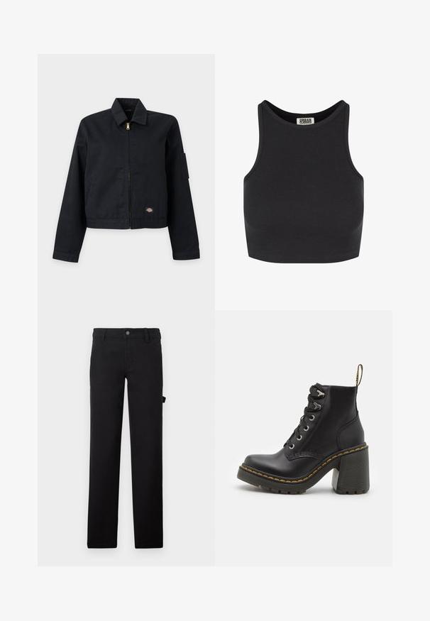 Must lukuga jope kraega, pikad varrukad, väike logo tikand ääre lähedal ja utilitaarne tasku vasaku ülemise varruka peal.; Must have varrukateta must ja sooneline crop top. Omab ümmargust kaelust ja sujuvat tekstuuri. Sildil on nähtav kaeluse sees.; Mustadest kangast püksid, millel on sile tekstuur, sirgete jalgadega, nupuga kinnitamine ja küljetasku.; Must musta jalaehted, millel on paksad kõrged kontsad, nööpidega ees, metallist silmad ja kollane õmblus tallal. Tekstuuriga kummist välistald.