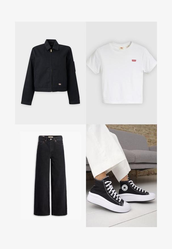 Sort lynlåstrøje med krave, lange ærmer, lille logopatch nær kanten og en nyre lomme på venstre overærme.; Hvid T-shirt med korte ærmer og rund halsudskæring med lille rødt Levi's-logo på venstre bryst.; Sorte brede benjeans lavet af denim, med fem lommer, kobbernitter og en klassisk knaplukning. Glat tekstur med et rent design.; Sorte sneakers med højt skaft, hvide gummisåler og snørebånd. Har en rund logo-patch og kontrasterende hvide syninger. Fremstillet af lærredsmateriale.
