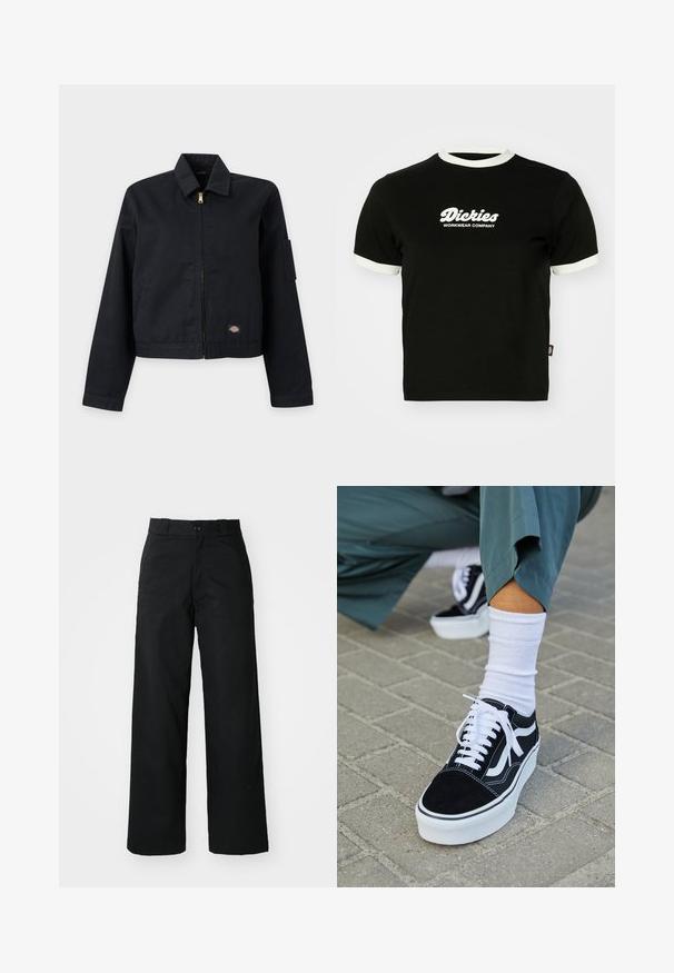 Chaqueta negra con cremallera, con cuello, mangas largas, pequeño parche con logo cerca del dobladillo y bolsillo utilitario en la parte superior izquierda de la manga.; Camiseta de algodón negra con cuello y bordes de mangas de canalé blancos. Presenta en la parte frontal un texto de logo blanco: "Dickies Workwear Company". Mangas cortas.; Pantalones de pierna ancha negros con un frente plano, cierre de botón y pasadores para cinturón. Hechos de una tela duradera con una textura suave.; Zapatillas de ante negro con acentos y cordones blancos, que cuentan con una gruesa suela blanca y costuras en contraste, combinadas con un calcetín blanco.