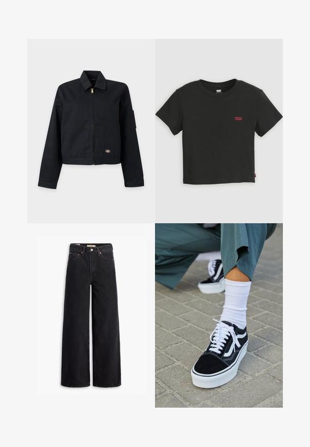 Schwarze Jacke mit Reißverschluss und Kragen, langen Ärmeln, kleinem Logo-Patch nahe am Saum und einer Utility-Tasche am linken oberen Ärmel.; Schwarzes, kurzärmeliges, kurzes Levi's T-Shirt mit Rundhalsausschnitt und kleinem rotem Levi's-Logo auf der linken Brust.; Schwarze weite Jeans aus Denim mit fünf Taschen, Kupferrivets und einem klassischen Knopfverschluss. Glatte Textur mit einem klaren Design.; Schwarze Wildledersneaker mit weißen Akzenten und Schnürsenkeln, ausgestattet mit einer dicken weißen Sohle und kontrastierenden Nähten, kombiniert mit einer weißen Socke.
