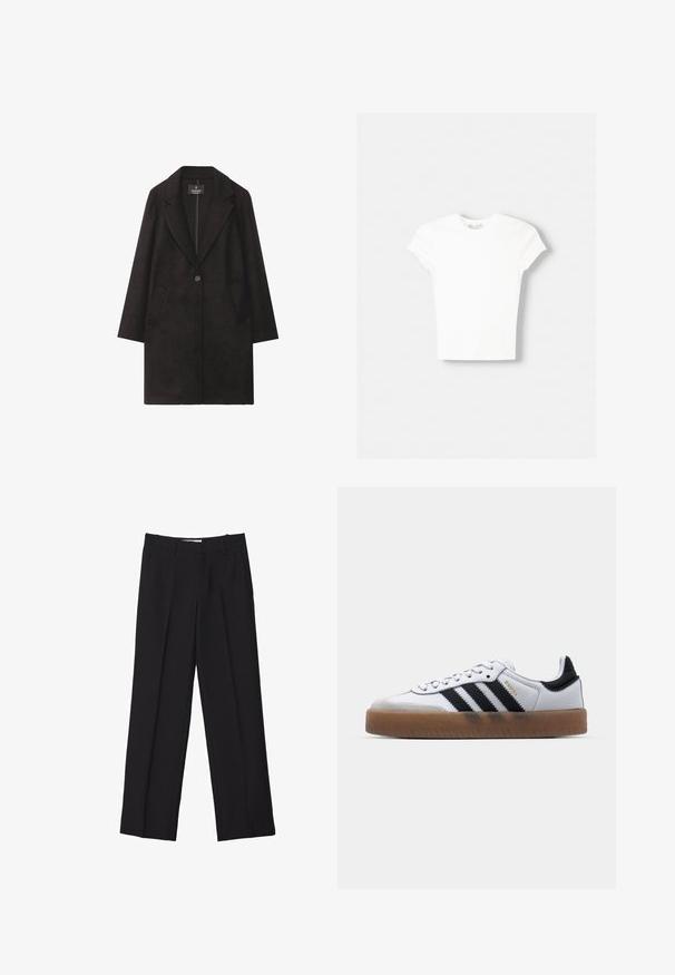 Manteau en laine noire avec un col notch, fermeture à un bouton et deux poches avant. Silhouette droite avec des manches longues.; T-shirt blanc à manches courtes en coton doux, avec un col rond et une coupe ajustée. Pas de motifs ni d'ornements visibles.; Pantalons noir sur mesure avec une coupe droite, présentant des plis doubles, une texture lisse et des détails de couture frontale subtils.; Baskets en cuir blanc avec des rayures noires, semelle extérieure en caoutchouc beige, bout rond, fermeture lacée et embout en suède gris doux.