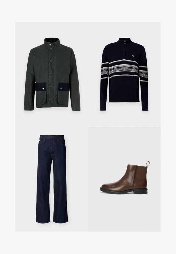 Veste noire avec un col montant, des boutons-pression et deux poches avant ornées d'accent en daim. Fabriquée dans un matériau mat et résistant à l'eau.; Pullover zippé bleu marine avec des rayures horizontales blanches et grises sur la poitrine et les manches, poignets et ourlet côtelés.; Jean droit en denim bleu foncé avec design à cinq poches et fermeture par boutons, présenté sur un fond clair uni.; Bottine en cuir marron avec des panneaux latéraux élastiques, bout rond et un petit talon noir. Elle possède une languette pour un enfilage facilité.