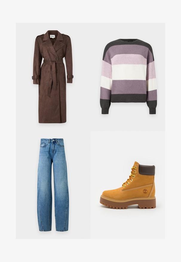 ONLY ONLINA LONG - Trenčkot - chocolate brown; Pletený sveter s horizontálnymi pruhmi v tmavosivej, svetlosivej, levandulovej a bielej farbe; okrúhly výstrih a rebrované manžety.; Modré rifle s vysokým pásom a širokými nohavicami, s predným zapínaním na gombík a zips, prednými a zadnými vreckami, zobrazené na jednoduchom pozadí.; Hnedé vodotesné členkové topánky so silnou gumenou podrážkou, okrúhlou špičkou, hnedým koženým golierom, žltými šnúrkami a logom na strane.
