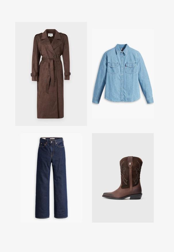 ONLY ONLINA LONG - Trenčkot - chocolate brown; Svetlomodrá džínová košeľa s dlhými rukávmi, špicatým golierom, dvoma náprsníkovými vreckami, zapínaním na gombíky a jemnou textúrou. Žiadne viditeľné vzory.; Tmavomodré džínsy rovného strihu s piatimi vreckami, oranžovým prešívaním a zapínaním na gombík.; Hnedá kožená kovbojská čižma s textúrovaným semišovým vrchom, detailným bielym prešívaním, špicatou špičkou a nízkym blokovým podpätkom.