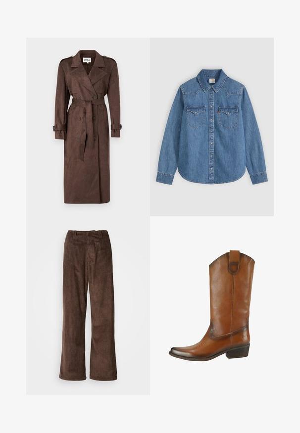 ONLY ONLINA LONG - Trenchcoat - chocolate brown; Blauw denim overhemd met lange mouwen, knopen, puntige kraag en twee borstzakken met klep op een lichte achtergrond.; Bruine corduroy broek met een wijd beenontwerp, met verticale ribbels en een tailleband. De stof heeft een zachte, gestructureerde uitstraling.; Bruine leren mid-kuit cowboylaars met lage gestapelde hak, trekbandje, gestikt teen detail en een reliëfvlinder bij de hiel.